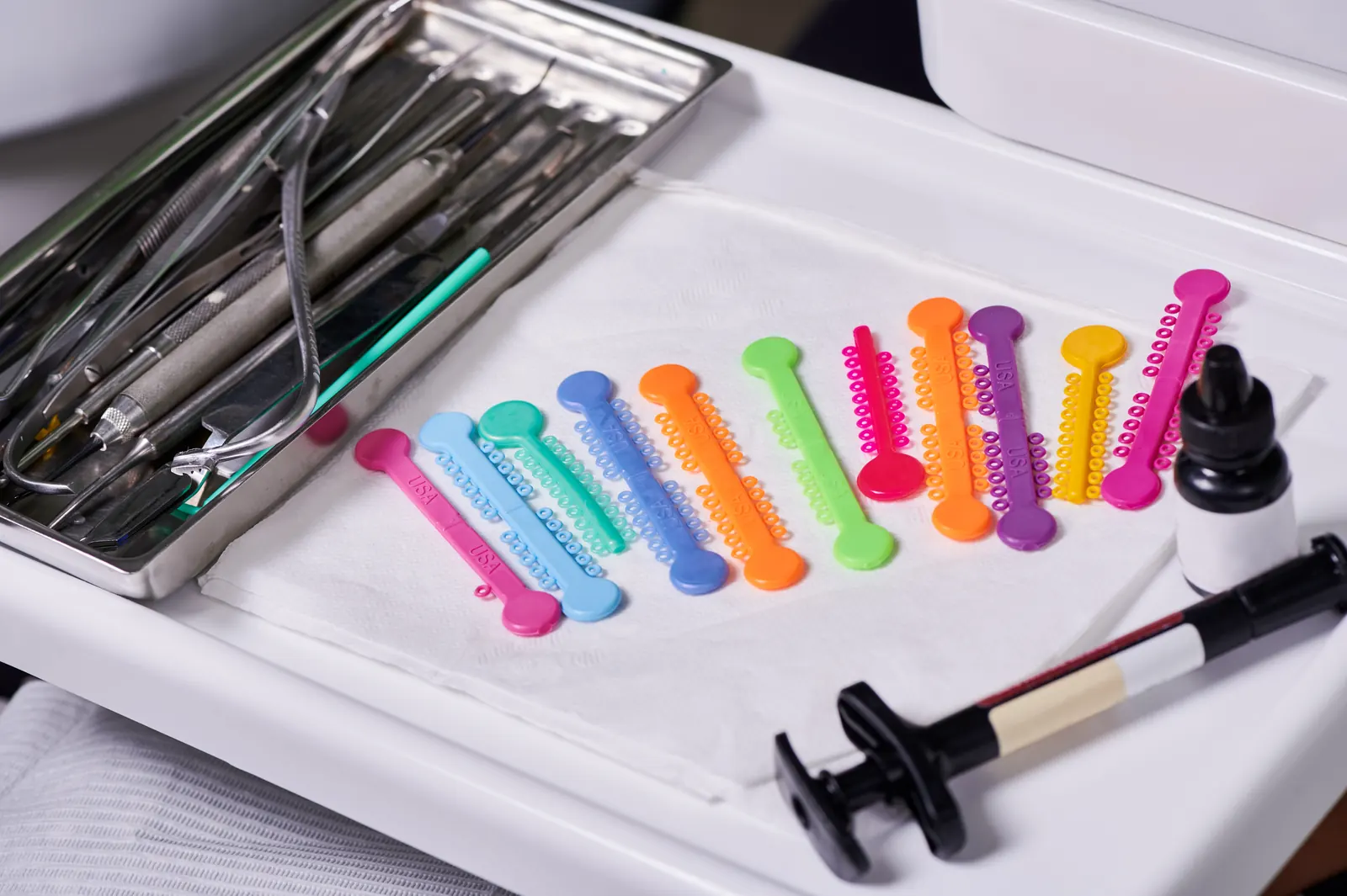 Dental supply accessories and instruments on a tray